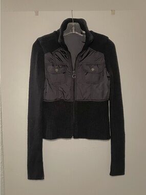 GUESS Black Mixed-Media Utility Zip Jacket; Some Piling on Sweater Portion
